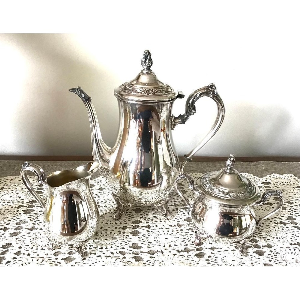 Vintage Wm Rogers Silver Plated Tea Set 3 Piece Footed Teapot Sugar Bowl Creamer